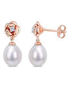 AMOUR 8.5 - 9 Mm Freshwater Cultured Pearl and 1/8 CT Created White Sapphire Floral Earrings In Rose Plated Sterling Silver