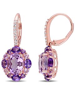 AMOUR 5 1/2 CT TGW Amethyst, White Topaz and Rose De France Floral Leverback Earrings In Rose Plated Sterling Silver