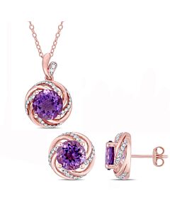 AMOUR 4 7/8 CT TGW Amethyst White Topaz and Diamond Accent Swirl Halo Necklace and Stud Earrings Set In Rose Plated Sterling Silver