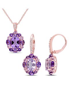 AMOUR 2-pc Set Of 9 1/5 CT TGW Amethyst, White Topaz, Rose De France Floral Pendant with Chain and Earrings Set In Rose Plated Sterling Silver