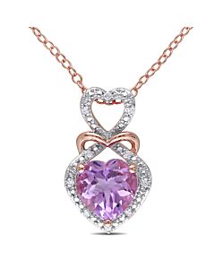 AMOUR Diamond and Rose De France Triple Heart Halo Pendant with Chain In 2-Tone Rose and White Sterling Silver