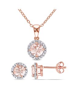 AMOUR 2-pc Set Of Morganite and 1/6 CT TW Diamond Halo Stud Earrings and Necklace In Rose Plated Sterling Silver