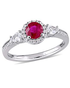 Amour Ruby & White Sapphire 3-Stone Ring with Diamond Halo & Accent in 14k White Gold
