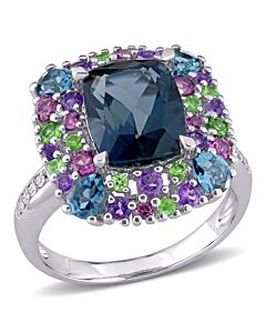 Amour Silver 0.04 CT Diamond TW And 5 4/5 CT TGW Blue Topaz - London Rhodolite Amethyst Tsavorite Fashion Ring