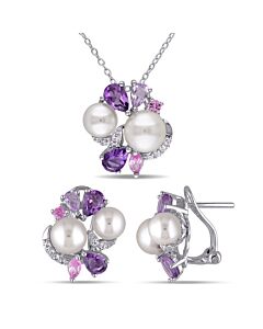 AMOUR 2 -pc Set Of 4 CT TGW Created White and Pink Sapphire, Amethyst, Rose De France and Cultured Freshwater Pearl Cluster Earrings and Pendant with