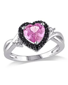 Amour Sterling Silver 0.01 CT Diamond TW & 1 7/8 CT TGW Created Pink Sapphire & Black Spinel Halo Ring