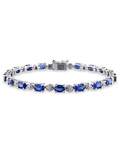 Amour Sterling Silver 0.02 CT TDW Diamond and 9 7/8 CT TGW Created Blue Sapphire Tennis Bracelet
