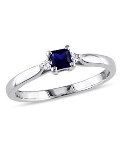Amour Sterling Silver 0.04 CT Diamond TW And 1/3 CT TGW Created Blue Sapphire 3 Stone Ring