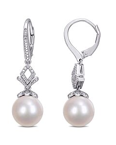 AMOUR 11-12mm Cultured Freshwater Pearl and Diamond-accent Drop Earrings In Sterling Silver