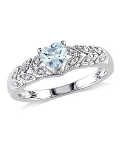 Amour Sterling Silver 0.05 CT Diamond TW And 1/3 CT TGW Aquamarine Heart Ring