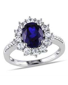 Amour Sterling Silver 0.05 CT Diamond TW And 4 CT TGW Created Blue And White Sapphire Halo Ring