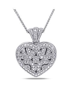 AMOUR Diamond Heart Locket Pendant with Chain In Sterling Silver