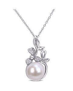 AMOUR 11-12mm Cultured Freshwater Pearl and Diamond-accent Floral Pendant with Chain In Sterling Silver