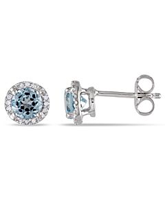 AMOUR Blue Topaz and Diamond Halo Stud Earrings In Sterling Silver