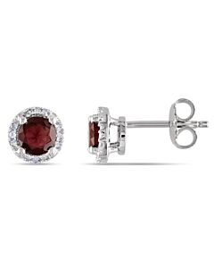 AMOUR Garnet and Diamond Halo Stud Earrings In Sterling Silver