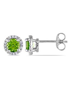 AMOUR Peridot and Diamond Halo Stud Earrings In Sterling Silver