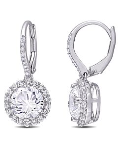 AMOUR 5 /12 CT TGW Created White Sapphire and 1/10 CT TW Diamond Halo Leverback Earrings In Sterling Silver