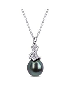 AMOUR 9-9.5mm Black Tahitian Cultured Pearl and 1/10 CT TW Diamond Twist Drop Pendant with Chain In Sterling Silver