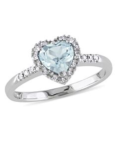Amour Sterling Silver 1/10 CT Diamond TW And 5/8 CT TGW Aquamarine Heart Ring