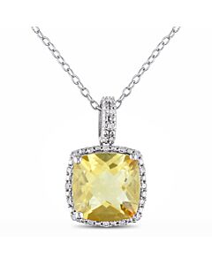 AMOUR 1/10 CT TW Diamond and 4 CT TGW Citrine Cushion Cut Halo Pendant with Chain In Sterling Silver