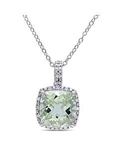 AMOUR 4CT TGW Green Quartz Cushion Cut and 1/10CT TDW Diamond Halo Pendant with Chain In Sterling Silver