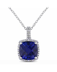 AMOUR 1/10 CT TW Diamond and 5 3/4 CT TGW Created Blue Sapphire Square Pendant with Chain In Sterling Silver