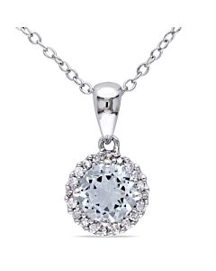 AMOUR 1/10 CT TW Diamond and Aquamarine Halo Pendant with Chain In Sterling Silver