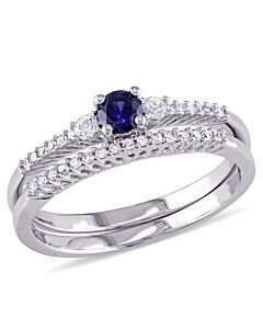 Amour Sterling Silver 1/10 CT TW Diamond, Created Blue and Created White Sapphire Wedding Set