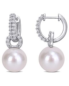 AMOUR 11-12mm Cultured Freshwater Pearl and 1 2/5 CT TGW White Topaz Hoop Earrings In Sterling Silver