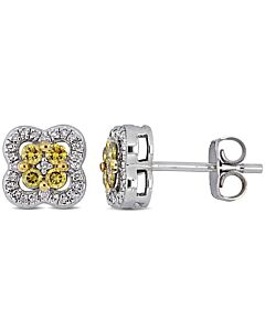 Amour-Sterling-Silver-1-3-CT-TW-Yellow-and-White-Diamond-Clover-Stud-Earrings