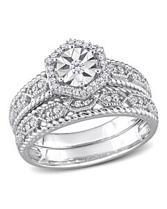 Amour Sterling Silver 1/4 CT TW Diamond Hexagon Halo Bridal Ring Set