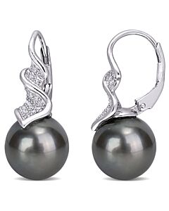 AMOUR 9-9.5mm Black Tahitian Cultured Pearl and 1/6 CT TW Diamond Leverback Earrings In Sterling Silver