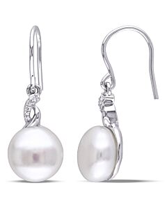 AMOUR 10.5 - 11 Mm White Cultured Freshwater Pearl Earrings with Diamonds In Sterling Silver