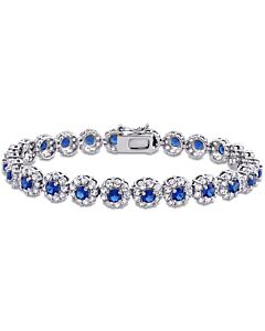 Amour Sterling Silver 11 1/3 CT TGW Created Blue and White Sapphire Halo Tennis Bracelet