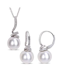 AMOUR 11-12mm Cultured Freshwater Pearl and 1/10 CT TW Diamond Spiral Earrings and Pendant Set In Sterling Silver