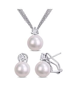 AMOUR 11-12mm Cultured Freshwater Pearl and 1 3/4 CT TGW White Topaz Omega Clip Earrings and Pendant with Triple Strand Chain In Sterling Silver