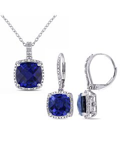 AMOUR 2-pc Set Of 12 1/5 CT TGW Created Blue Sapphire and 1/3 CT TW Diamond Halo Earring and Pendant with Chain In Sterling Silver