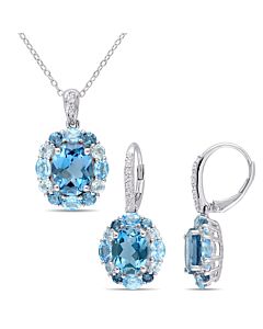 AMOUR 2-pc Set Of 13 1/5 CT TGW London, Swiss, Sky Blue and White Topaz Halo Leverback Earrings and Pendant with Chain In Sterling Silver