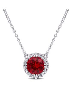 AMOUR 2 3/4 CT TGW Created Ruby Created White Sapphire Circular Halo Pendant with Chain In Sterling Silver