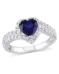 Amour Sterling Silver 2 3/4 CT TGW Created White And Blue Sapphire Halo Heart Ring