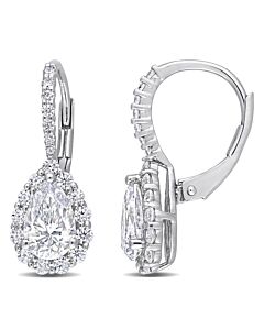 AMOUR 2 5/8 CT DEW Created Moissanite Teardrop Halo Leverback Earrings In Sterling Silver