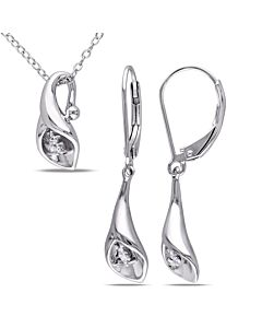 AMOUR 2-pc Set Of Diamond Accent Calla Lily Pendant with Chain and Leverback Earrings In Sterling Silver