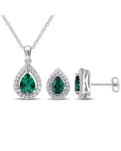 AMOUR 3 1/5 CT TGW Created Emerald and Created White Sapphire Teardrop Halo Pendant with Chain and Stud Earrings Set In Sterling Silver