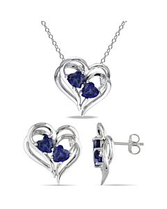 AMOUR 2-pc Set Of 3 2/5 CT TGW Created Blue Sapphire and Diamond Accent Heart Stud Earrings and Pendant with Chain In Sterling Silver