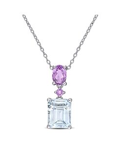 AMOUR 3 4/5 CT TGW Ice Aquamarine and Amethyst Two-tier Dangle Pendant with Chain In Sterling Silver