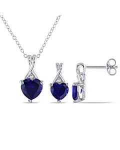 Amour Sterling Silver 3 3/4 CT TGW Created Blue Sapphire and Diamond Heart Pendant with Chain and Stud Earrings Set