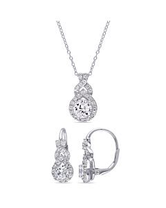 AMOUR 3 4/5 CT TGW Created White Sapphire Halo 2-piece Set Of Leverback Earrings and Pendant with Chain In Sterling Silver