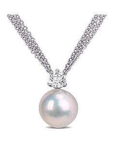 AMOUR 11-12mm Cultured Freshwater Pearl and 5/8 CT TGW White Topaz Pendant with Chain In Sterling Silver