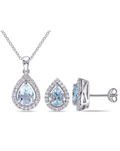 AMOUR 3 7/8 CT TGW Blue Topaz and Created White Sapphire Teardrop Halo Pendant with Chain and Stud Earrings 2-piece Set with Chain In Sterling Silver