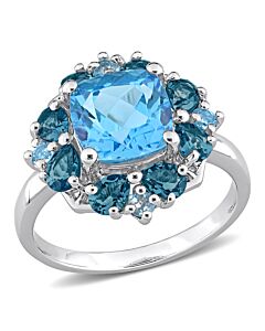 Amour Sterling Silver 4 1/10 CT TGW Blue Topaz-Swiss and London Quatrefoil Halo Cocktail Ring